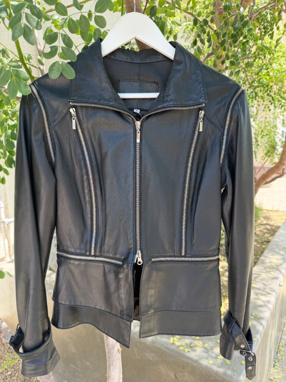 MERTILLO Black Leather Italian Moto Jacket Removable Sleeves Peplum Size M